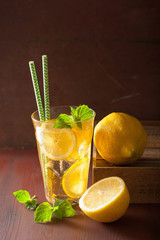 ice tea with lemon and mint on dark rustic background