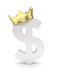 Isolated silver dollar sign with golden crown on white background. Concept of making profit, income. Currency sign. American money. 3D rendering.