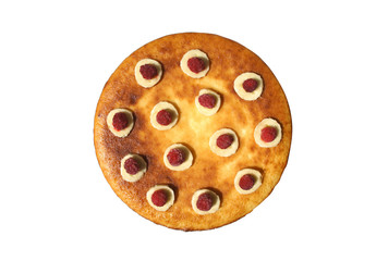 Cake with banana and raspberries on a white background