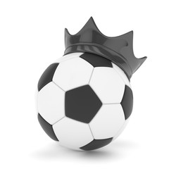 Soccer  ball with black royal crown is a symbol of competition and winner's trophy on white. 3D rendering.