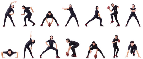 Young man doing exercises on white