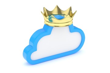 Isolated blue cloud icon with golden crown on white background. Symbol of communication, network and technology. Broadband. Online database. 3D rendering.