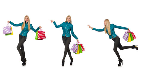 Woman with shopping bags isolated on white