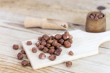Bunch of hazelnuts on the wooden table
