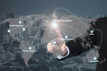 Fototapeta na wymiar Businessman working with virtual interface global partners graph