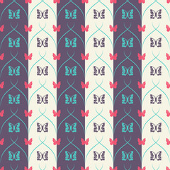 Striped seamless pattern with butterflies and vertical thick and thin oblique lines