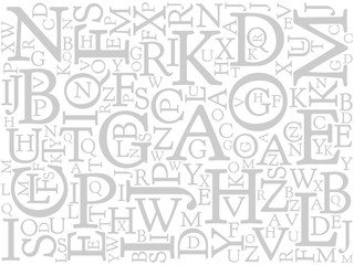 Background mosaic of grey latin alphabet letters in various sizes on white background. Serif font. Vector illustration background.