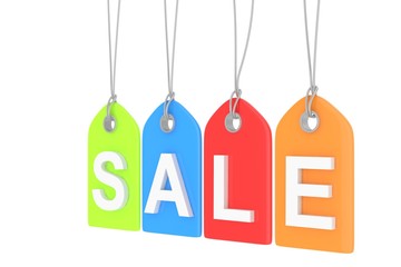 Colorful isolated sale labels on white background. Price tags. Special offer and promotion. Store discount. Shopping time. 3D rendering.