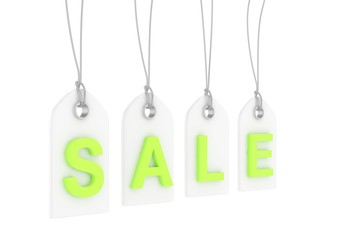Colorful isolated sale labels on white background. Price tags. Special offer and promotion. Store discount. Shopping time. Green letters on white labels. 3D rendering.