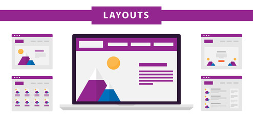 Set of simple flat website templates. Web wireframe vector. Ux interface page design. prototype example. Web layouts on laptop screen