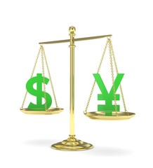 Isolated old fashioned pan scale with dollar and yuan,yen on white background. American and chinese and japanese currency. Currency equality. Green money. 3D rendering.