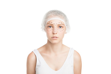 young woman in patient hat with outlines