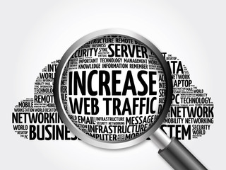 Increase web traffic word cloud with magnifying glass, business concept