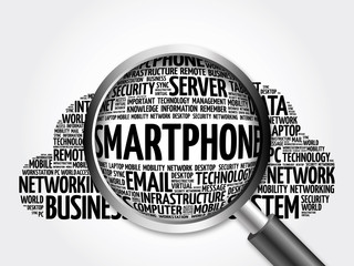 Smartphone word cloud with magnifying glass, business concept