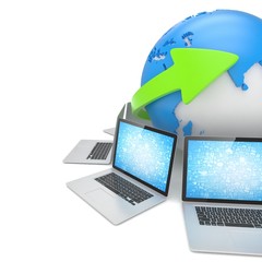 Laptop network around earth globe. 3d render