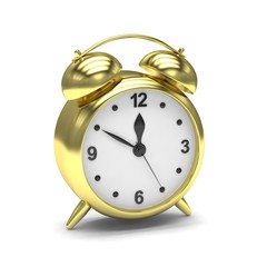 Gold alarm clock on white. 3d rendering.