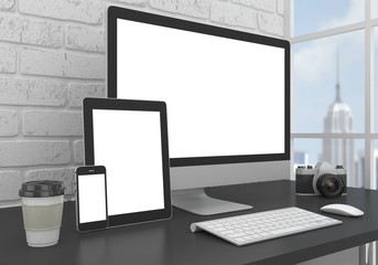 Responsive mockup screen. Monitor, tablet, phone on table in office. 3d rendering.