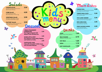 Cute colorful meal kids menu template with cute sweet houses