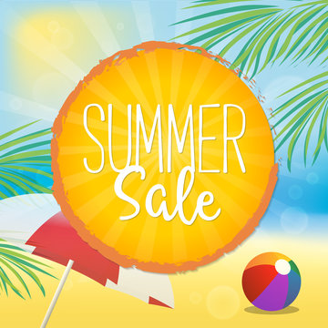 Summer Sale Vector Illustration. Text on a Orange Badge and a Beach Background.