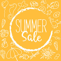 Summer Sale Vector Illustration. Text on a Orange Badge and a Background full of Summer Elements.