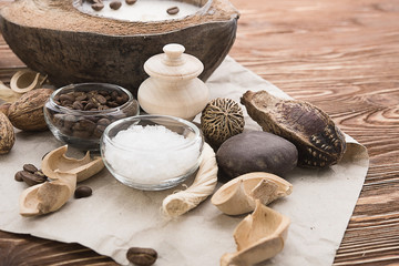 coffee beans, Spa stuff with candles in coconut