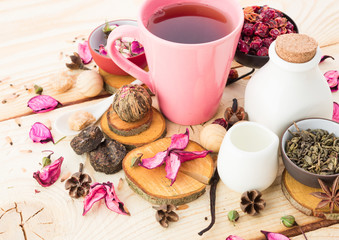 Tea cups with teapot on old wooden table