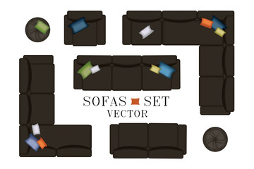 Sofas Armchair Set. Furniture, Pouf, Carpet, TV, Plants, Side Table for Your Interior Design. Flat Vector Illustration. Top View. Scene Creator