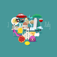 I love Italy concept vector illustration, design element - obrazy, fototapety, plakaty