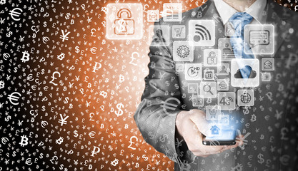 Business man using smart phone with social media icon set