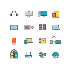 Home and office appliances. Personal electronics multimedia devices. Linear vector color icons set