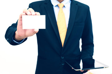 Businessman holding or showing blank business card isolate on white background.
