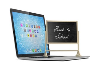 Laptop with chalkboard, back to school, online education concept. 3d rendering.