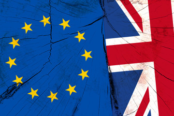 brexit blue european union EU flag on wooden wall and half great britain flag