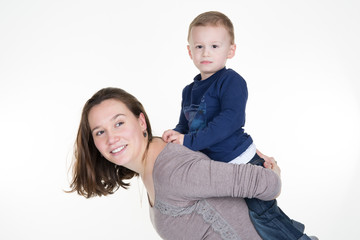 Full portrait of a happy young mother with son