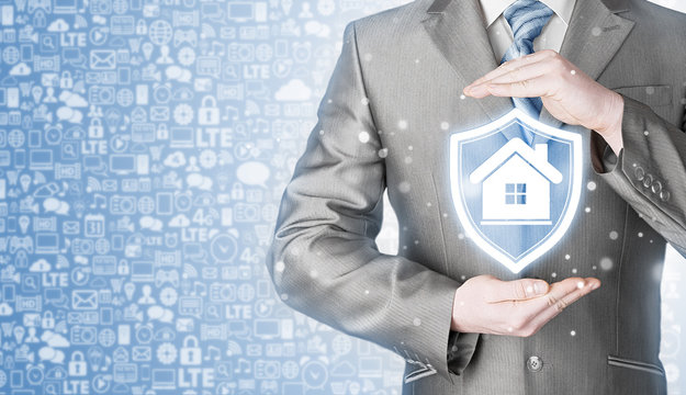 House protection and insurance. Home shield. Real estate safety. Icons background. Communication, Internet.