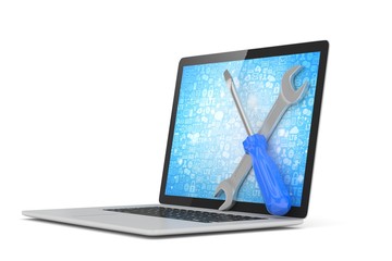 3D Illustration Wrench and screwdriver on laptop, service concept