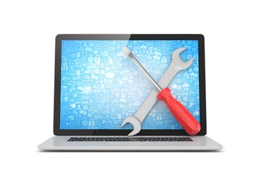 3D Illustration Wrench and screwdriver on laptop, service concept