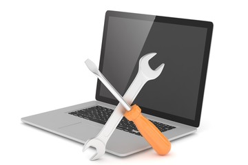 3D Illustration Wrench and screwdriver on laptop, service concept