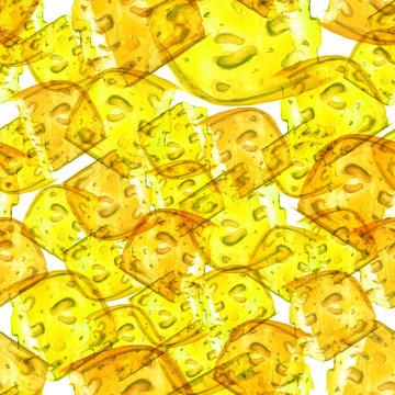 pattern, texture. Watercolor illustration - a piece of cheese. 