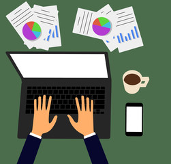 Vector illustration. Business workplace with people using laptop