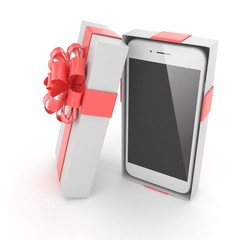 Smartphone in gift box. Isolated on white background. 3d rendering.