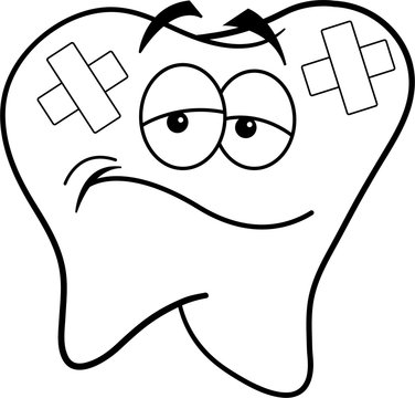 Black and white illustration of a tooth with bandages.