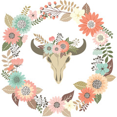 Bull Skull Floral with Wreath Laurel.Tribal Animal Skull.Wedding Invitation.