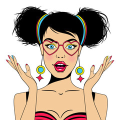 Wow female face. Sexy surprised brunette young woman with open mouth and glasses. Vector hand drawn colorful character in comic style isolated on white background.