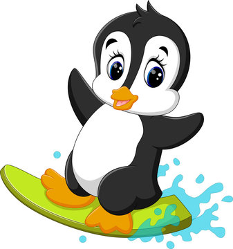 illustration of cute penguin surfing cartoon