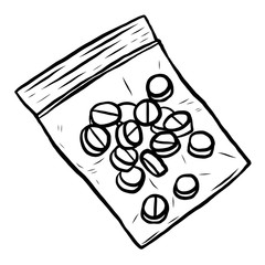 drug pills in plastic pack / cartoon vector and illustration, black and white, hand drawn, sketch style, isolated on white background.