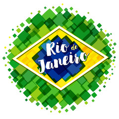 Welcome to Rio de Janeiro banner. Inscription Rio de Janeiro Brazil vacation on a background watercolor stains,colors of the Brazilian flag