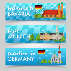 Welcome to Munich, Germany, Europe vector banner set. Flat design illustration - Munich, Bavaria, Germany with landmark, trees, church. Travel around Europe