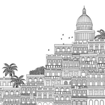 Havana, Cuba - hand drawn black and white illustration