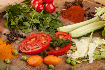 Healthy fresh vegetable on flat wood background, high in antioxidants, anthocyanins, vitamins, dietary fiber and minerals